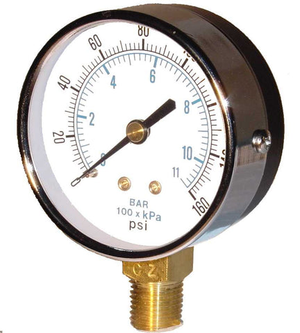 0-15 PSI pressure gauge 2" dia bottom connect, 1/4" MPT