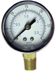 0-30 PSI pressure gauge 2" dia bottom connect, 1/4" MPT